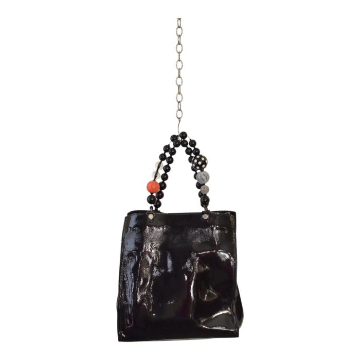 Roberta Gandolfi Black Patent Leather Beaded Top Handles Handbag Zipper Bag