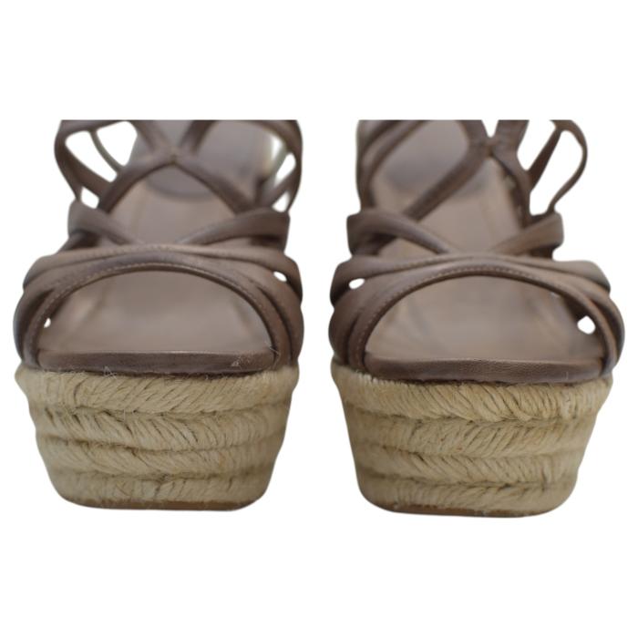 Miu Miu Brown Leather Jute Wedge Heel Sandal Platform Shoes Espadrilles SZ 39