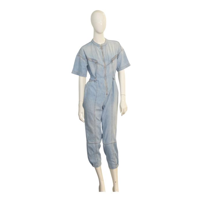 Pinko Blue Denim Short Sleeves Zipper Cropped Jumpsuit Playsuit size 38