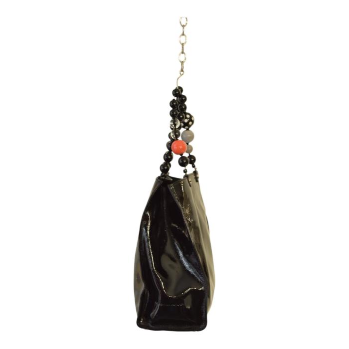 Roberta Gandolfi Black Patent Leather Beaded Top Handles Handbag Zipper Bag