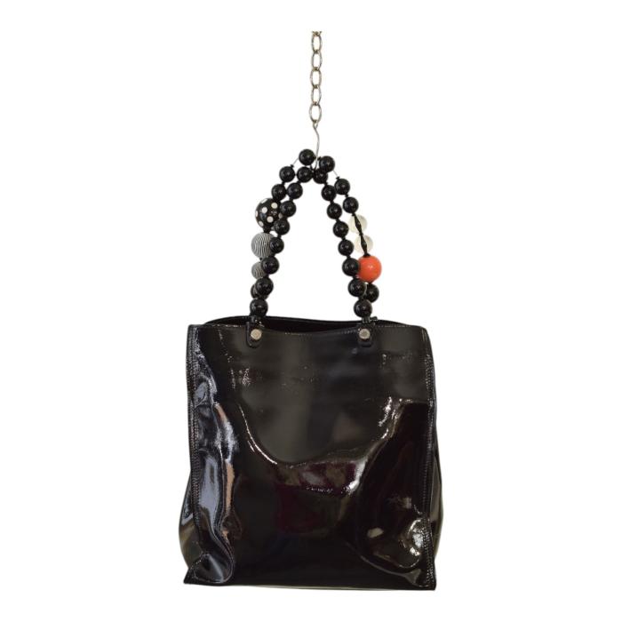 Roberta Gandolfi Black Patent Leather Beaded Top Handles Handbag Zipper Bag