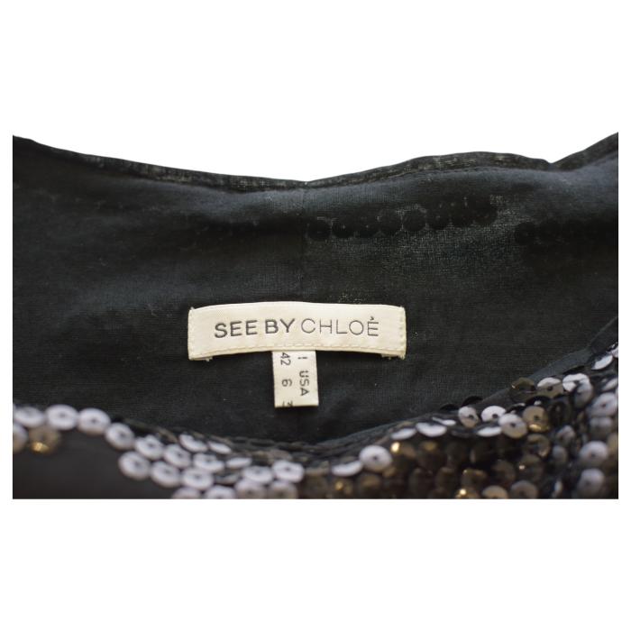 See By Chloe Black Sequined Cap Sleeves Short Mini Length Dress size 42