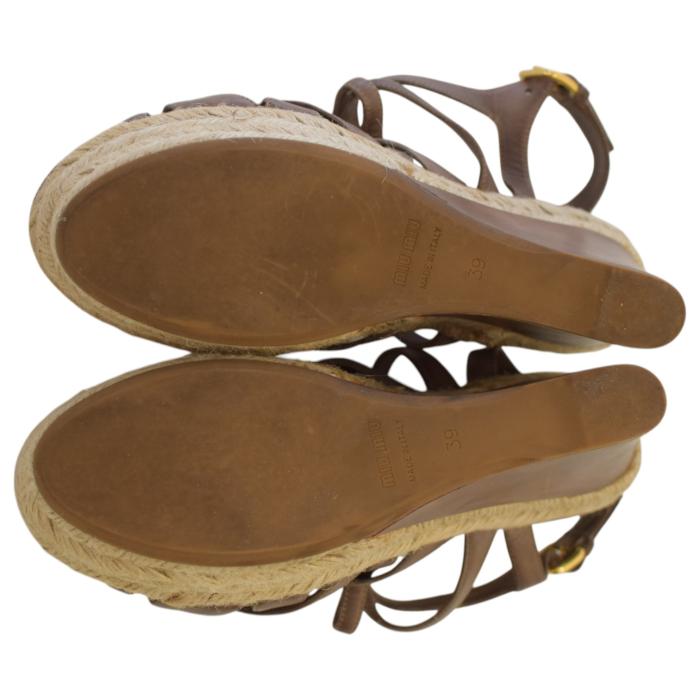 Miu Miu Brown Leather Jute Wedge Heel Sandal Platform Shoes Espadrilles SZ 39