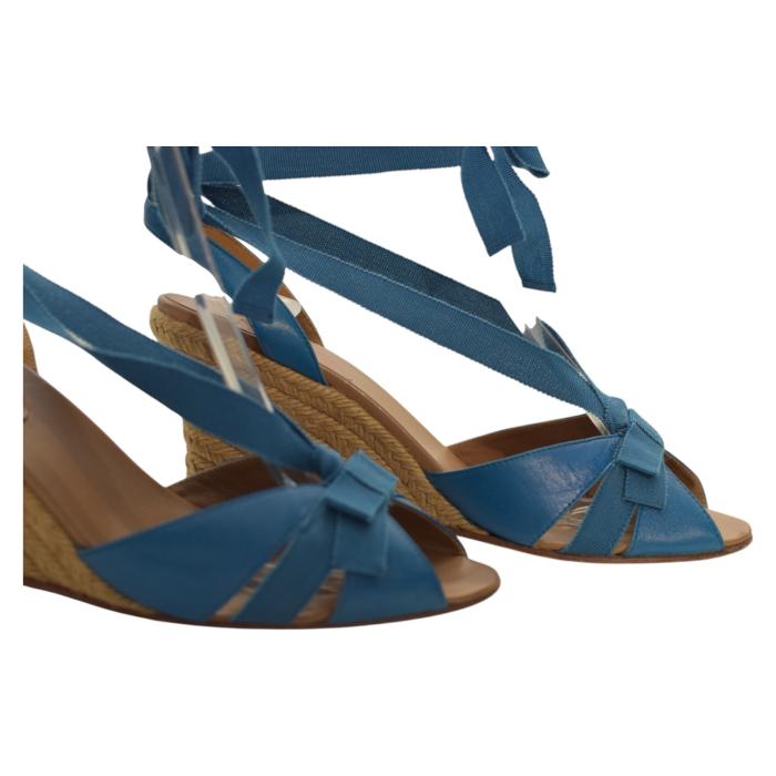 Christian Louboutin Blue Leather Fabric Ankle Tie Up Espadrille Wedge Sandals 9