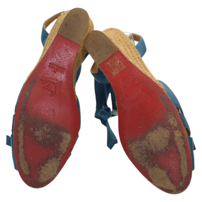 Christian Louboutin Blue Leather Fabric Ankle Tie Up Espadrille Wedge Sandals 9