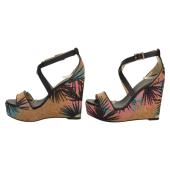 Jimmy Choo Black Leather and Palm Embroidered Cork Portia Wedge Sandals Size 39