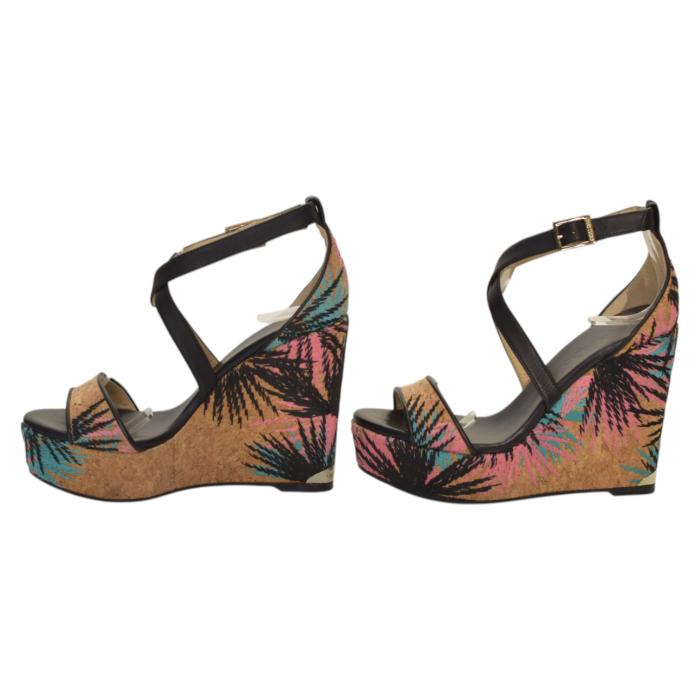 Jimmy Choo Black Leather and Palm Embroidered Cork Portia Wedge Sandals Size 39