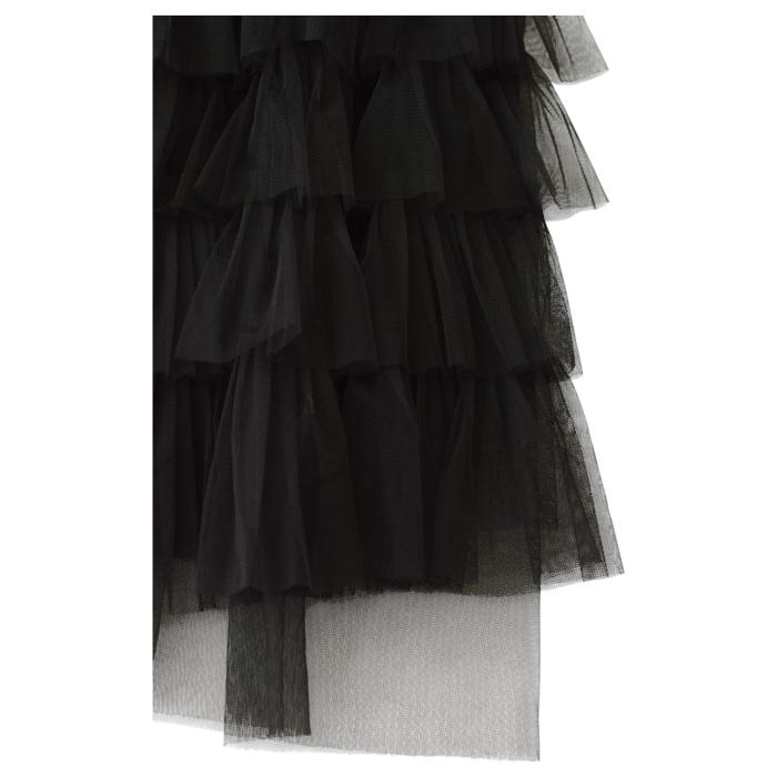 Twinset Black Tulle Tiered Ruffled Sheer Sleeves Maxi Evening Gown Dress size 40