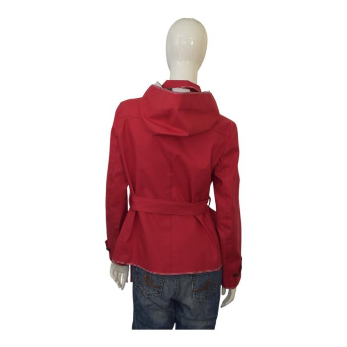 PRADA Red Midi Hooded Belted Rain Coat Jacket Cotton blend White stitch sz 44 