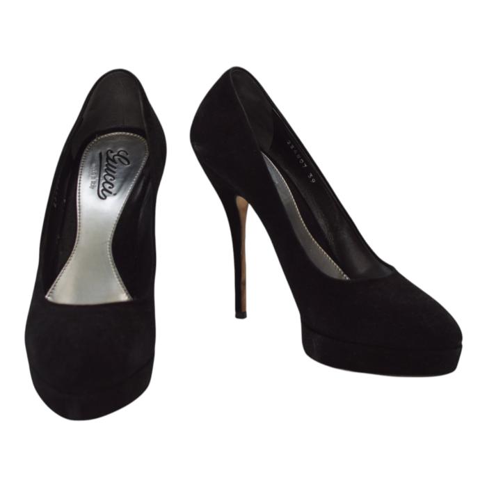 Gucci Black Suede Leather Almond Toe Classic Heel Platform Pumps size 39 US 9