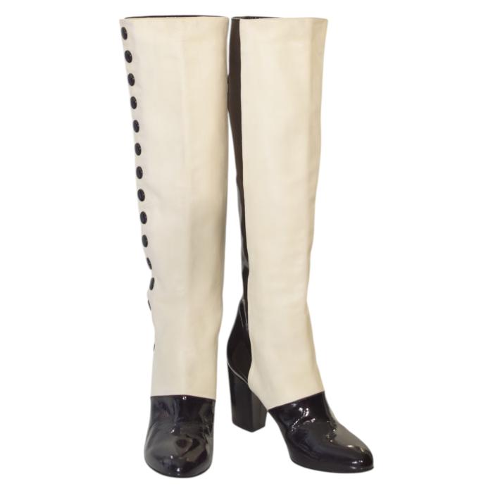 Chanel Black & White Monochrome Lambskin And Patent Leather Knee Boots Size 39.5 or 9.5 US