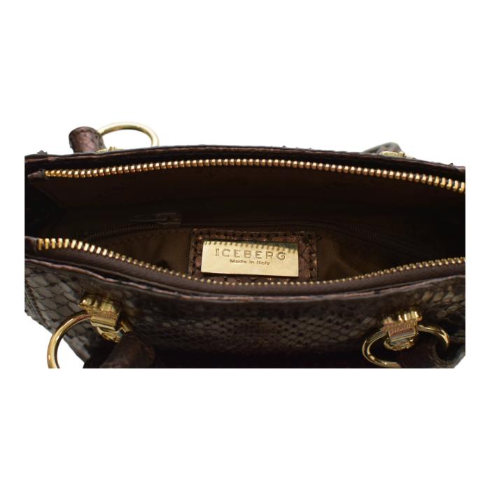Iceberg Shiny Brown Snakeskin Leather Top Handles Small Handbag Shoulder bag