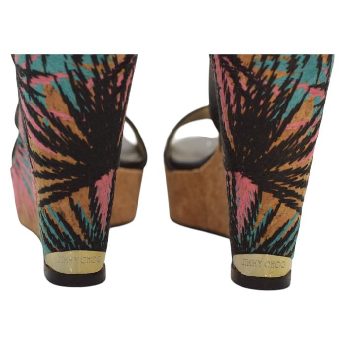 Jimmy Choo Black Leather and Palm Embroidered Cork Portia Wedge Sandals Size 39