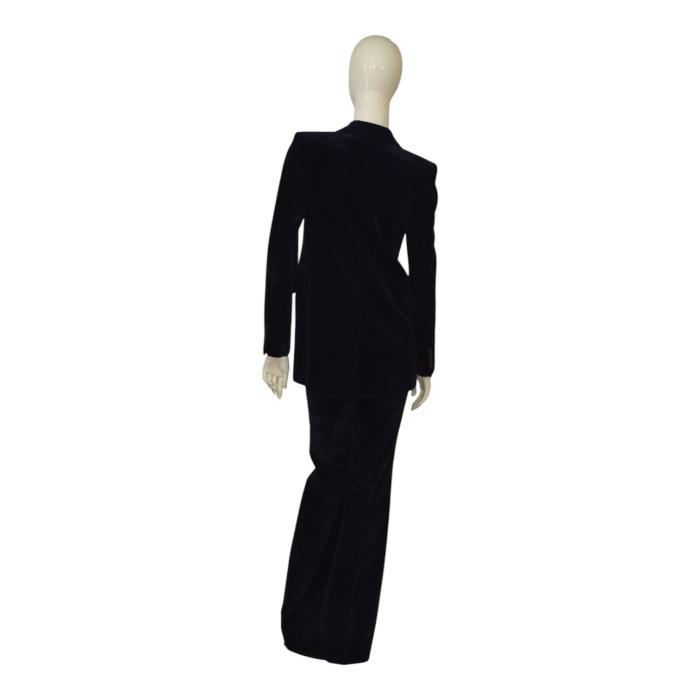 Saint Laurent Blue Black Velvet Velour Jacket & Pants Trousers Suit Set Fr 38