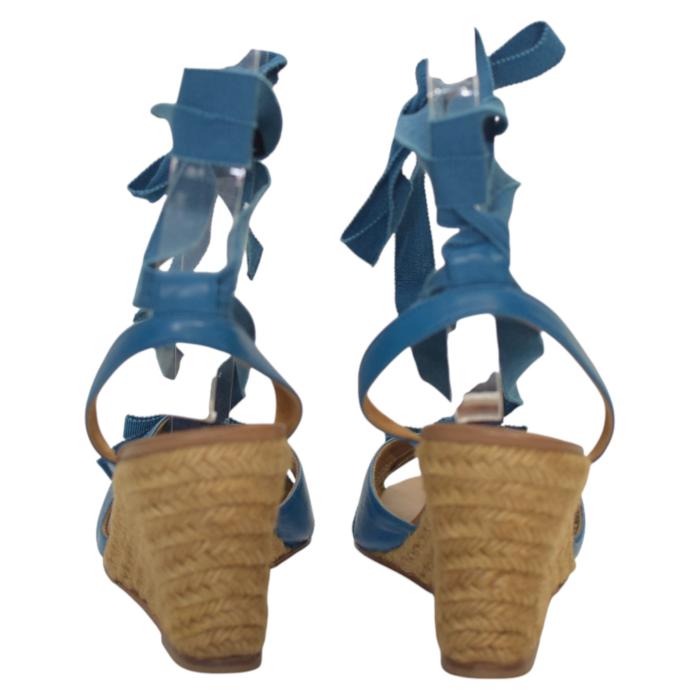 Christian Louboutin Blue Leather Fabric Ankle Tie Up Espadrille Wedge Sandals 9