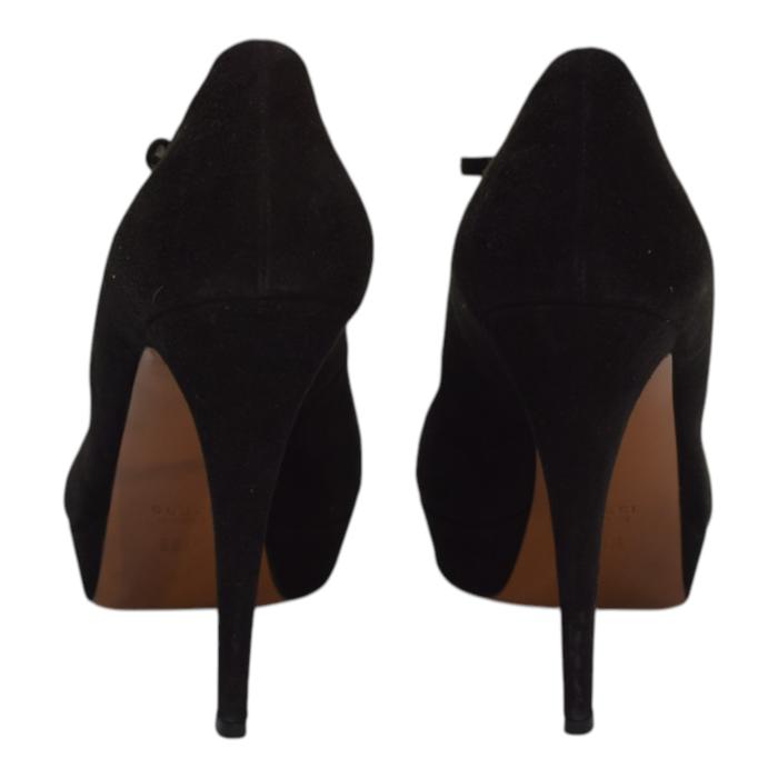 Gucci Black Suede Leather Mary Janes Peep toe Heel Platform Pumps sz 39,5 US 9,5