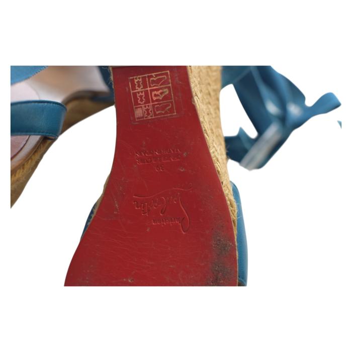 Christian Louboutin Blue Leather Fabric Ankle Tie Up Espadrille Wedge Sandals 9
