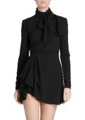 Saint Laurent Black Crepe Asymmetrical Mini Dress M Draped Tie-Neck Dress $3,195