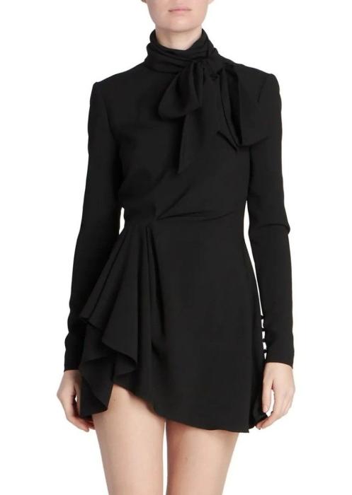 Saint Laurent Black Crepe Asymmetrical Mini Dress M Draped Tie-Neck Dress $3,195