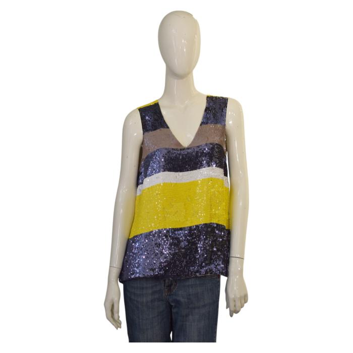 P.A.R.O.S.H. Parosh Blue Yellow Sequined Silk Top Sleeveless Tank Blouse size M