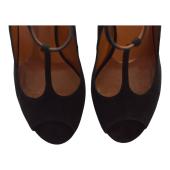 Gucci Black Suede Leather Mary Janes Peep toe Heel Platform Pumps sz 39,5 US 9,5