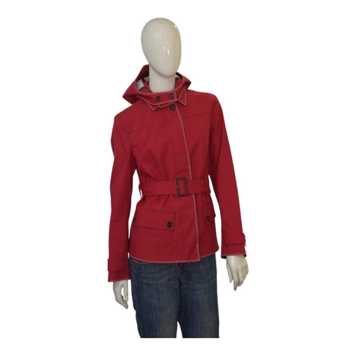 PRADA Red Midi Hooded Belted Rain Coat Jacket Cotton blend White stitch sz 44 