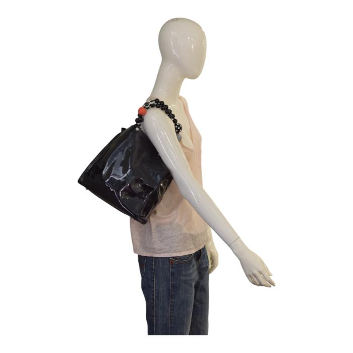 Roberta Gandolfi Black Patent Leather Beaded Top Handles Handbag Zipper Bag