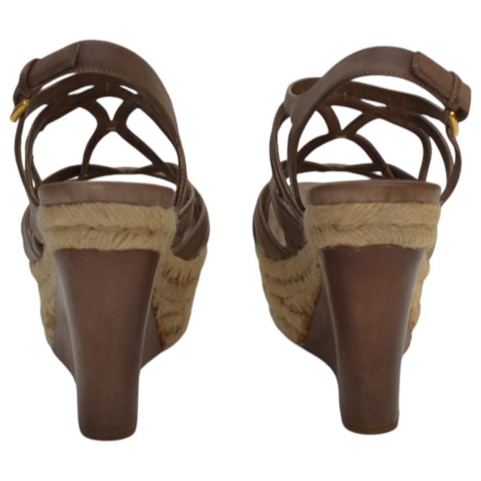 Miu Miu Brown Leather Jute Wedge Heel Sandal Platform Shoes Espadrilles SZ 39