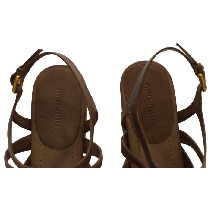 Miu Miu Brown Leather Jute Wedge Heel Sandal Platform Shoes Espadrilles SZ 39