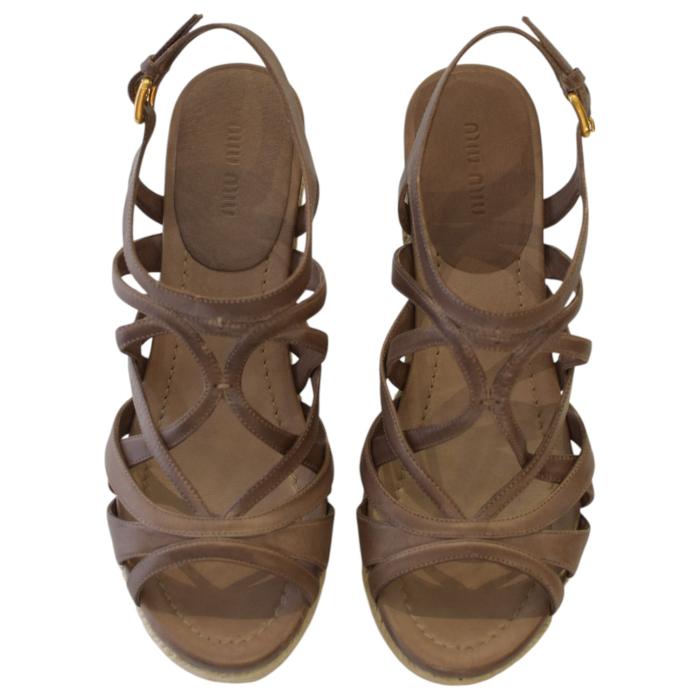 Miu Miu Brown Leather Jute Wedge Heel Sandal Platform Shoes Espadrilles SZ 39