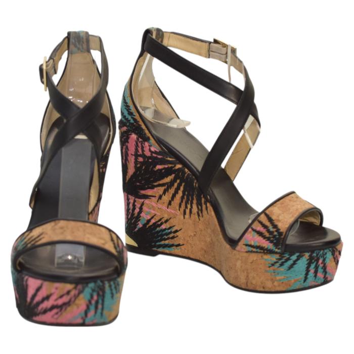 Jimmy Choo Black Leather and Palm Embroidered Cork Portia Wedge Sandals Size 39