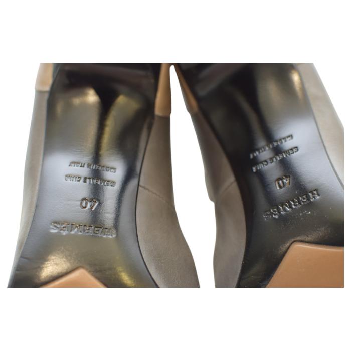 Hermes Black & Gray Leather Mary Janes Pointed toe Heel Pumps sz 40 US 10