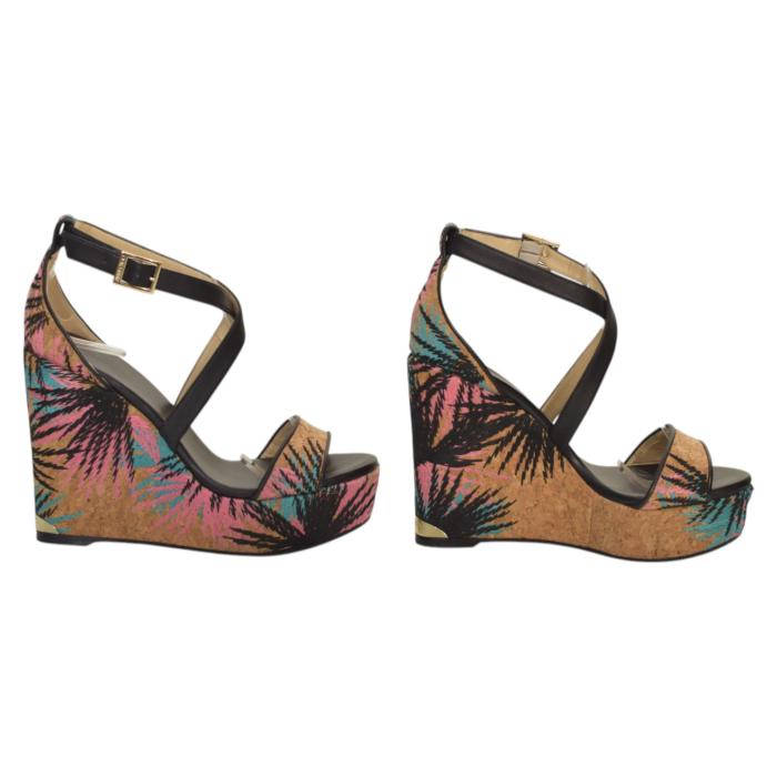 Jimmy Choo Black Leather and Palm Embroidered Cork Portia Wedge Sandals Size 39