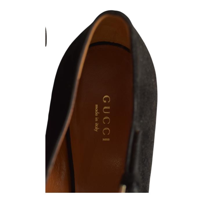 Gucci Black Suede Leather Mary Janes Peep toe Heel Platform Pumps sz 39,5 US 9,5