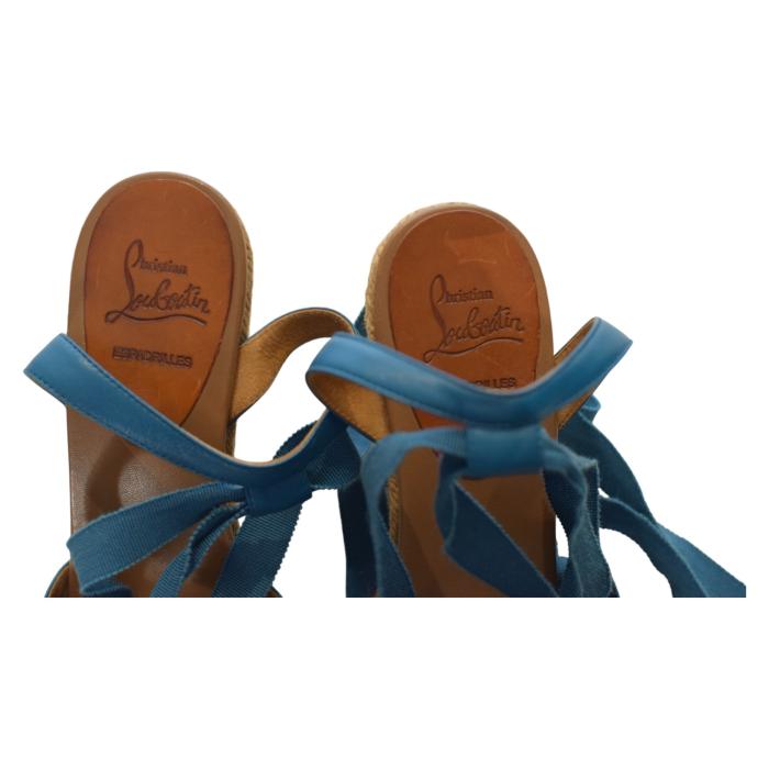 Christian Louboutin Blue Leather Fabric Ankle Tie Up Espadrille Wedge Sandals 9