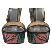 Jimmy Choo Black Leather and Palm Embroidered Cork Portia Wedge Sandals Size 39