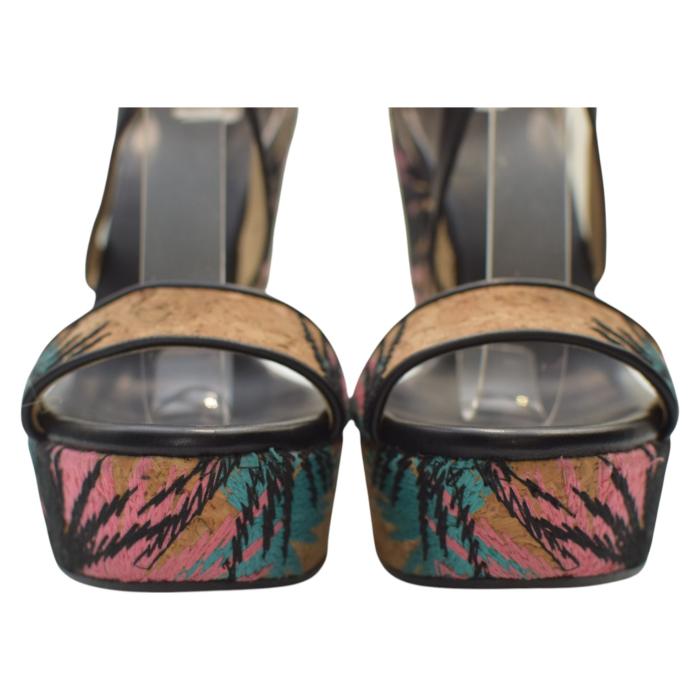 Jimmy Choo Black Leather and Palm Embroidered Cork Portia Wedge Sandals Size 39