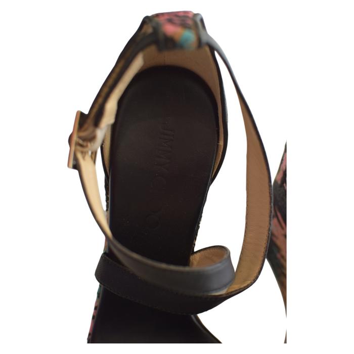 Jimmy Choo Black Leather and Palm Embroidered Cork Portia Wedge Sandals Size 39