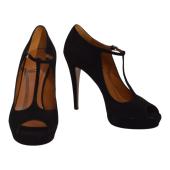 Gucci Black Suede Leather Mary Janes Peep toe Heel Platform Pumps sz 39,5 US 9,5