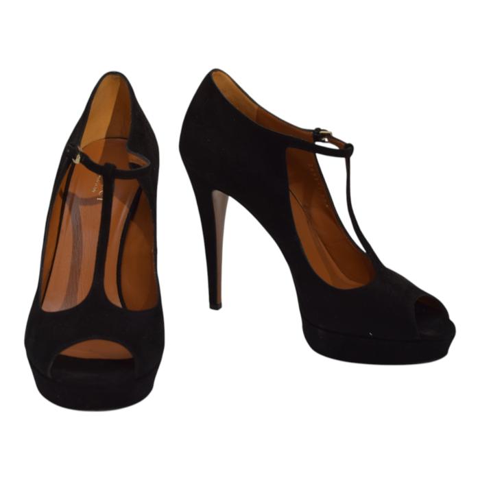 Gucci Black Suede Leather Mary Janes Peep toe Heel Platform Pumps sz 39,5 US 9,5