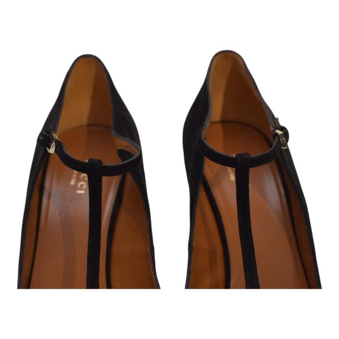 Gucci Black Suede Leather Mary Janes Peep toe Heel Platform Pumps sz 39,5 US 9,5