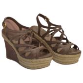 Miu Miu Brown Leather Jute Wedge Heel Sandal Platform Shoes Espadrilles SZ 39