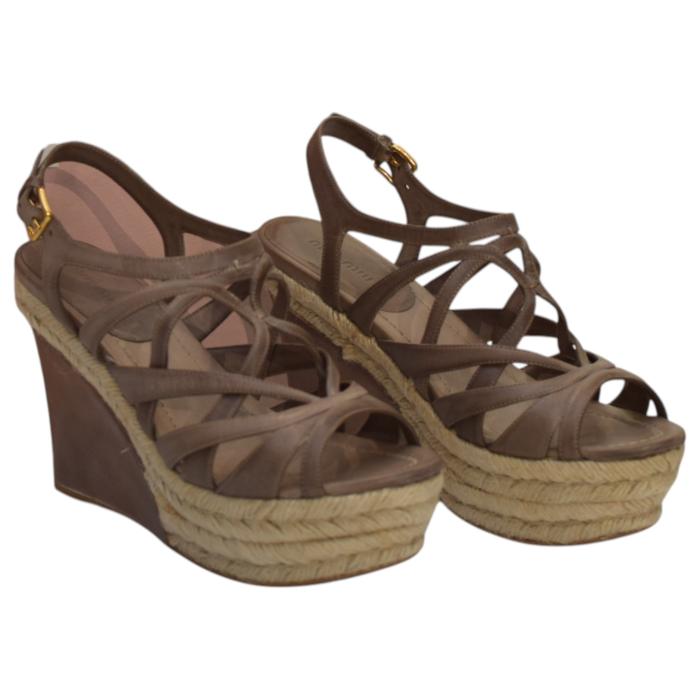 Miu Miu Brown Leather Jute Wedge Heel Sandal Platform Shoes Espadrilles SZ 39