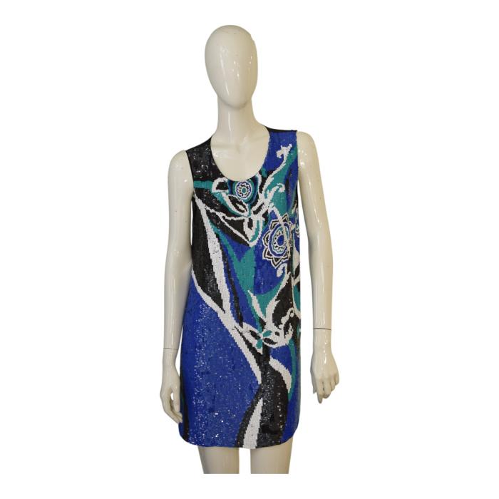 Nenette Sequined Black Blue Turquoise Viscose Sleeveless Tank Mini Dress size 42