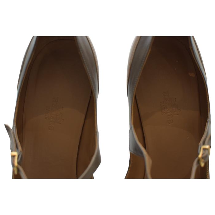 Hermes Black & Gray Leather Mary Janes Pointed toe Heel Pumps sz 40 US 10