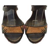 Jimmy Choo Black Leather and Palm Embroidered Cork Portia Wedge Sandals Size 39