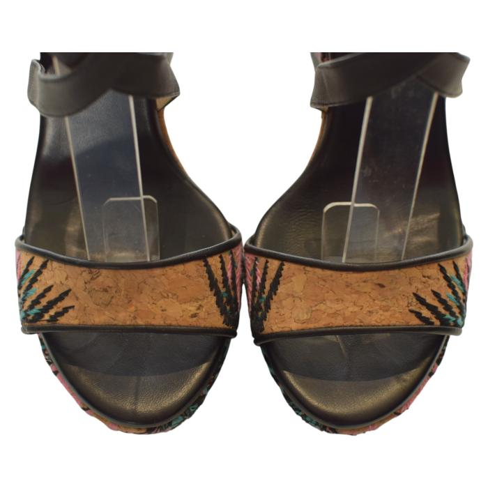 Jimmy Choo Black Leather and Palm Embroidered Cork Portia Wedge Sandals Size 39