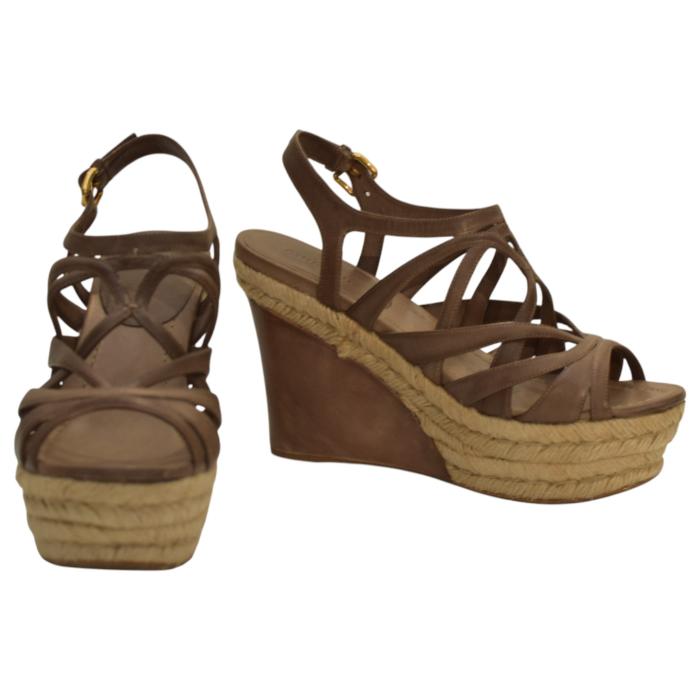 Miu Miu Brown Leather Jute Wedge Heel Sandal Platform Shoes Espadrilles SZ 39