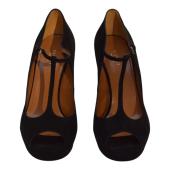 Gucci Black Suede Leather Mary Janes Peep toe Heel Platform Pumps sz 39,5 US 9,5