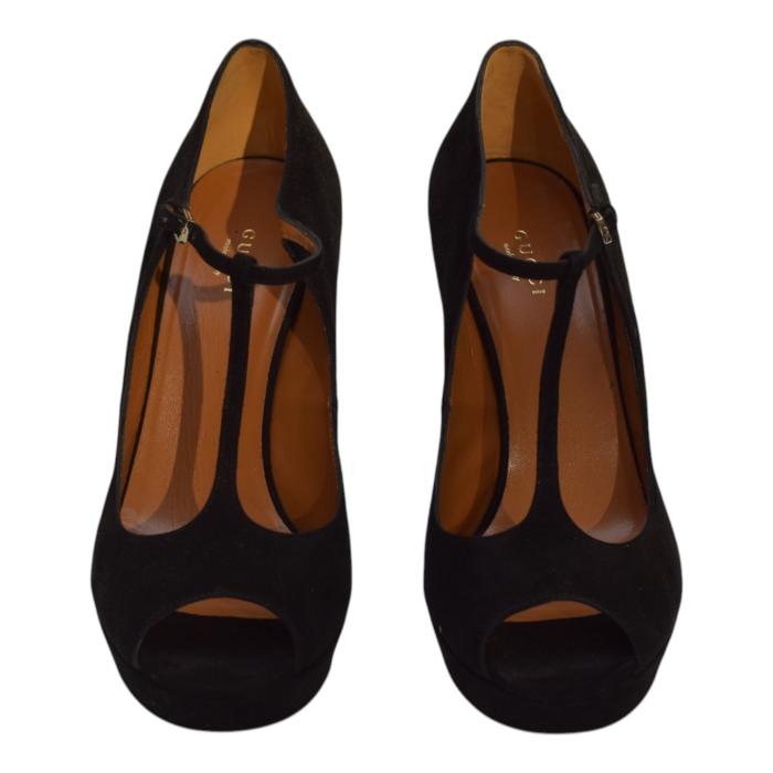 Gucci Black Suede Leather Mary Janes Peep toe Heel Platform Pumps sz 39,5 US 9,5